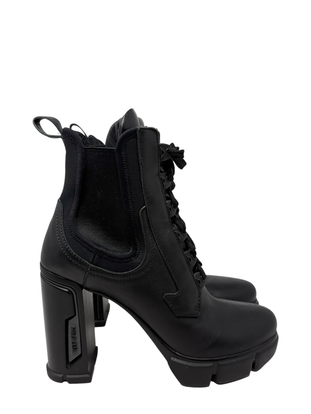 Prada Leather Lace Up Chunky Black Combat Moto Lug Sole Ankle Boots Size 40